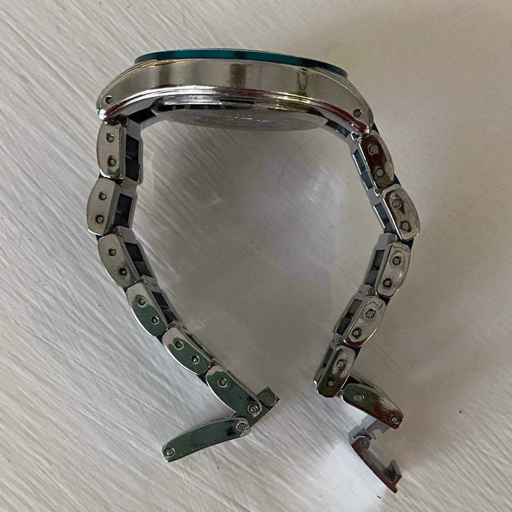 Anne Klein Teal Blue Dial & Enamel Link Silver Tone Sport Bracelet Watch